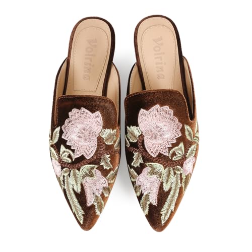 Brown Pointed Toe Embellished Mules
