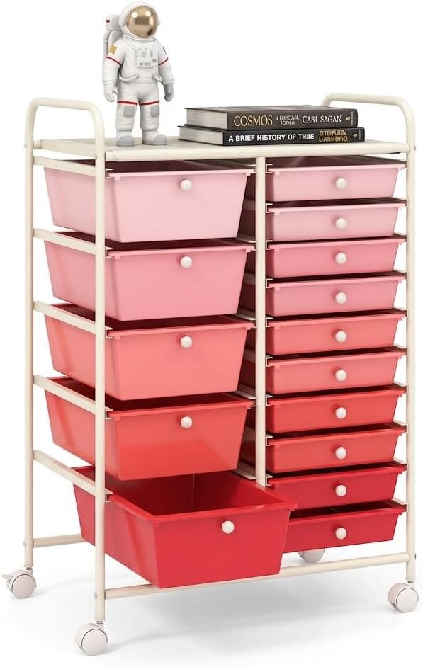 POWERSTONE Rolling Cart with 15 Drawers, Multipurpose Storage Organizer with Lockable Wheels, Metal Frame & Plastic Drawers Mobile Utility Cart, for Home, Office, School, Garage, Pink Gradient