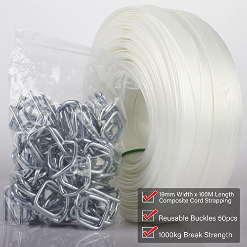 Composite Polyester Cord Strapping Kit, 19mm x 100mtr Composite Polyester Cord Strapping Roll with 50 Pack Metal Wire Buckles, 1000kg Break Strength