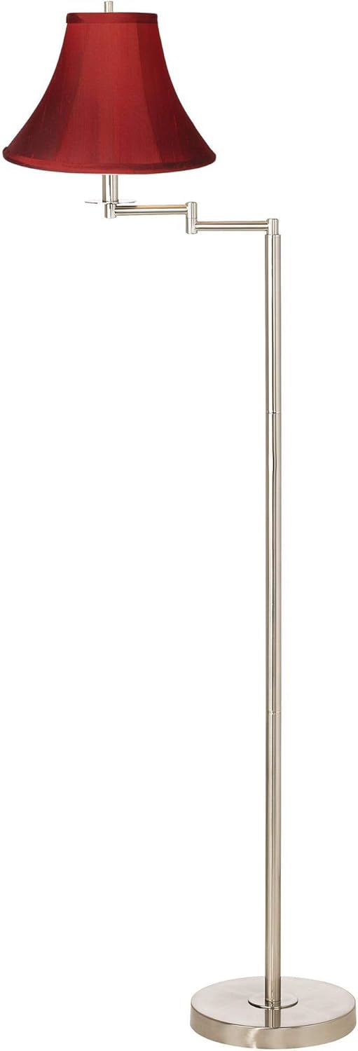 360 Lighting Modern Swing Arm Floor Lamp Adjustable Standing Base 60.5" Tall Brushed Nickel Silver Red Silk Dupioni Bell Shade Decor for Living Room Reading House Bedroom