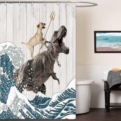 Image of Boziqr Funny Dog Shower Curtain, Japanese Ocean Wave Dinosaur Rustic Barn Door Decor Fabric Bathroom Curtains Set, Cute Animal Kids Polyester Fabric Waterproof, 36 X 70 Inches