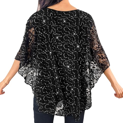 Brittany Black Women's Scoop Neck Embellished Overlay Knit Top Poncho2