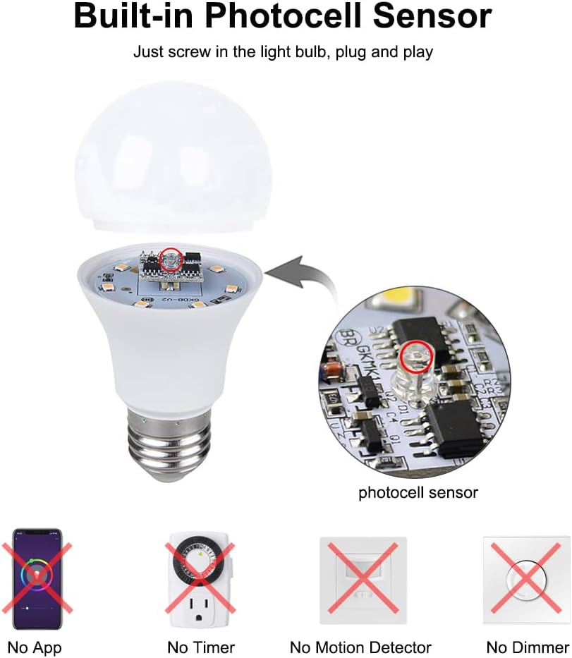 Dusk to Dawn Light Bulb, 5W (Equivalent to 40 Watt Incandescent) A19 LED Light Sensor Bulbs, Smart Auto On/Off, Indoor/Outdoor Lighting Bulb for Stairway Porch Patio, E27 Base, 2-Pack, Not Dimmable