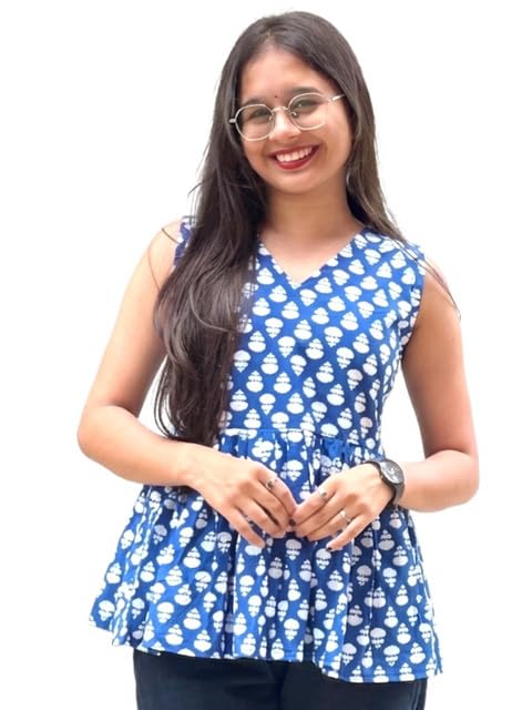 Women's Cotton Printed Short Kurti, A-Line Fit Casual Ethnic Top, V - Neck Sleeveless Kurta Office College-picture-56
