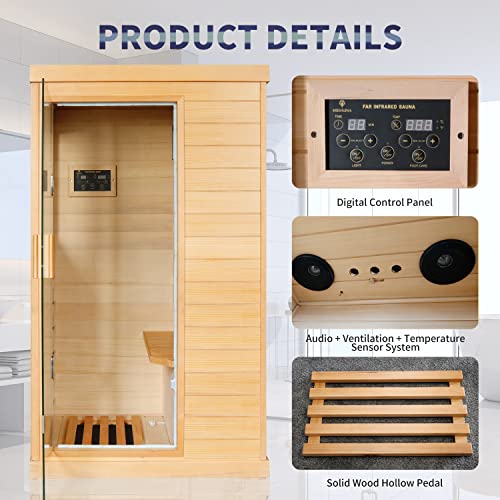 LUCHEN Far Infrared Sauna Home Sauna Spa Room Low-EMF Canadian Hemlock Wood 800W Indoor Saunas for Home with Backrest, Control Panel and Tempered Glass Door, Room:35.2*27.6*61.6Inch (T-50) - Image 4