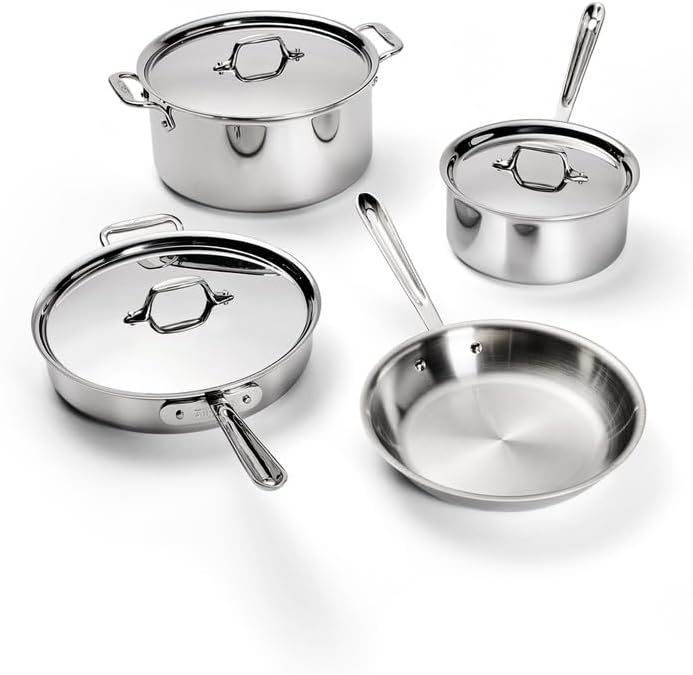 Juego de utensilios de cocina de 7 piezas de acero inoxidable D3® - Fabricado en EE. UU. - Incluye sartenes, cacerolas, salteadores, caldera - Grado profesional - Compatible con horno seguro e inducción