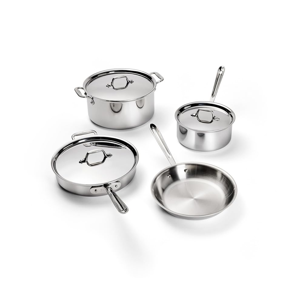 All-CladD3 3-Ply Stainless Steel Cookware Set – 7-Piece Pots and Pans Set, Induction, Oven Broiler Safe 600F - Includes Frying Pans, Saucepans, Sauté Pan, Stockpot, Professional Cookware – Silver