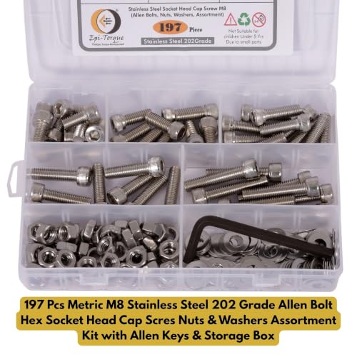 Image of Metric M8 Stainless Steel 202 Grade Allen Bolt Hex Socket Head Cap Scres Nuts & Washers Assortment Kit with Allen Keys & Storage Box - 197 Pieces