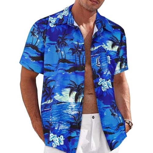 Mens Hawaiian Shirt Short Sleeve Summer Beach Casual Tops Button Down T Shirts with Pocket(Blue Palm Tree,M)