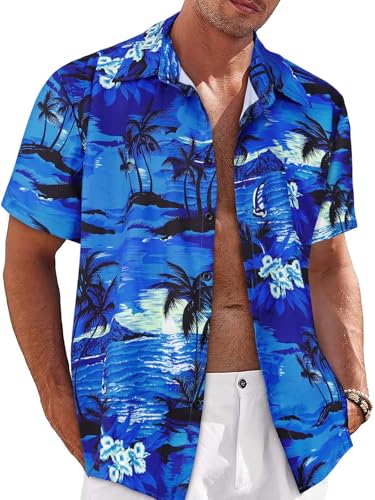 Mens Hawaiian Shirt Short Sleeve Summer Beach Casual Tops Button Down T Shirts with Pocket(Blue Palm Tree XL)