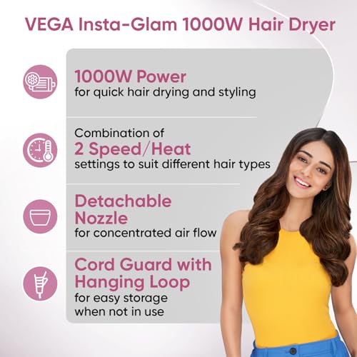 Vega Insta Glam Foldable 1000 Watts Hair Dryer with 2 Heat & Speed Settings, Detachable Nozzle, Overheat Cut-out, Quick Dry with 1000W, Hair Dryer for Women, VHDH-20, (Made in... - Image 2