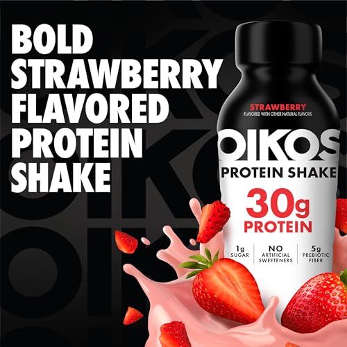 Image of Oikos 30g Protein Shake, Strawberry, High Protein Drinks, Shelf Stable, Ready to Drink, 5g Prebiotic Fiber, 12 fl oz Bottle, 4 Count​