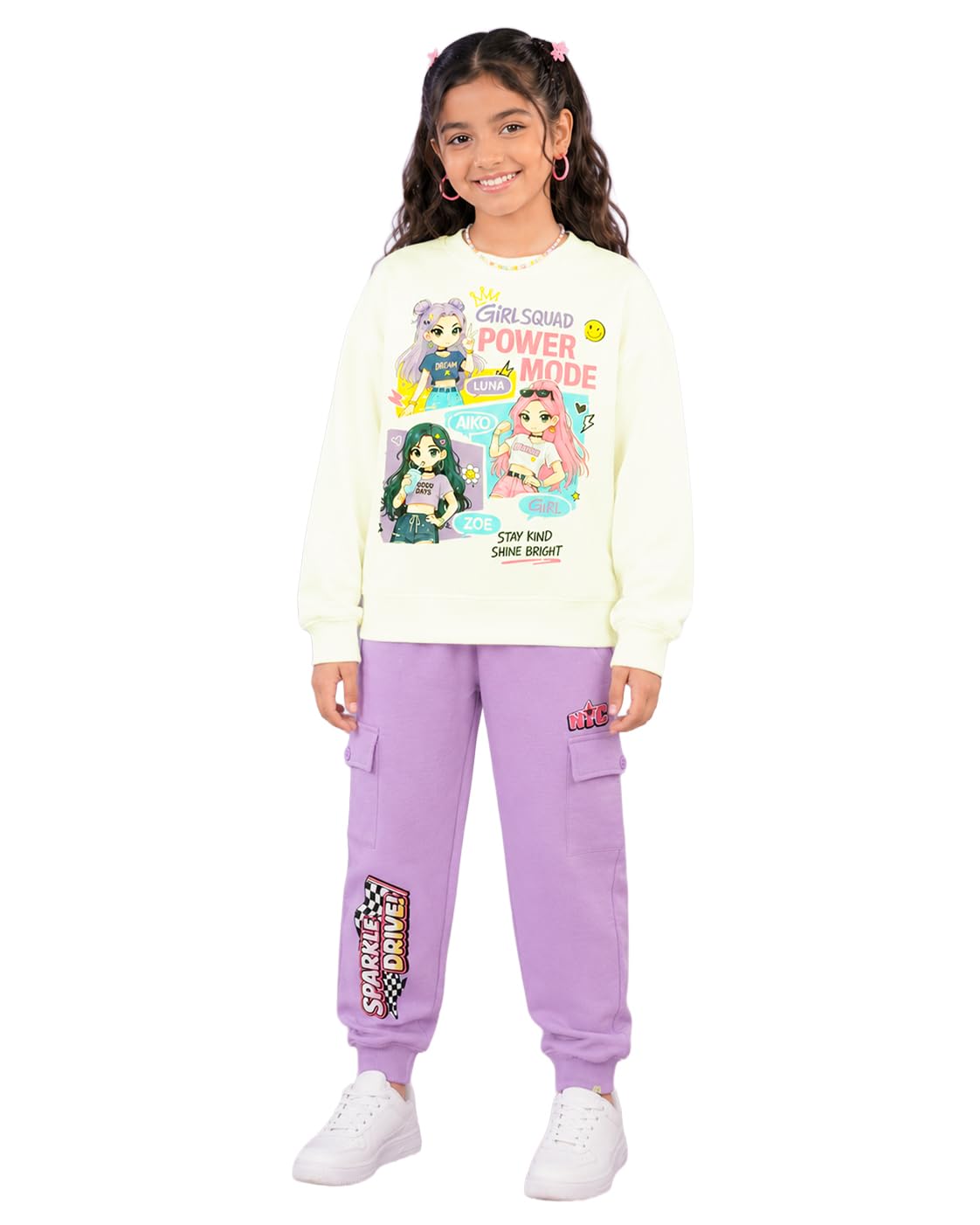 KiddoPanti Girls Squad Power Fleece Sweatshirt with Sparkle Drive Print Fleece Cargo Joggers Co-ord Set, Off White Girls Squad Power/Lilac Sparkle Drive NYC - 8-10Y-picture-12