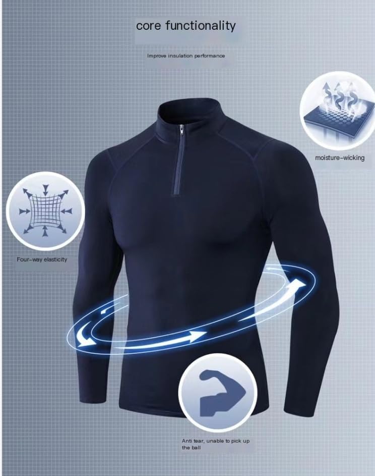 Men Fleece Lined Compression Shirt with Half Zip,Thermal Long Sleeve Athletic Top,Warm Stretch Workout Base Layer