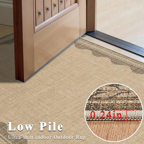 Image of Easy Jute Rug 3x5 Outdoor Rug Scalloped Washable Rugs for Entryway Non Slip Neutral Farmhouse Indoor Outdoor Carpet for Backyard Patio Office
