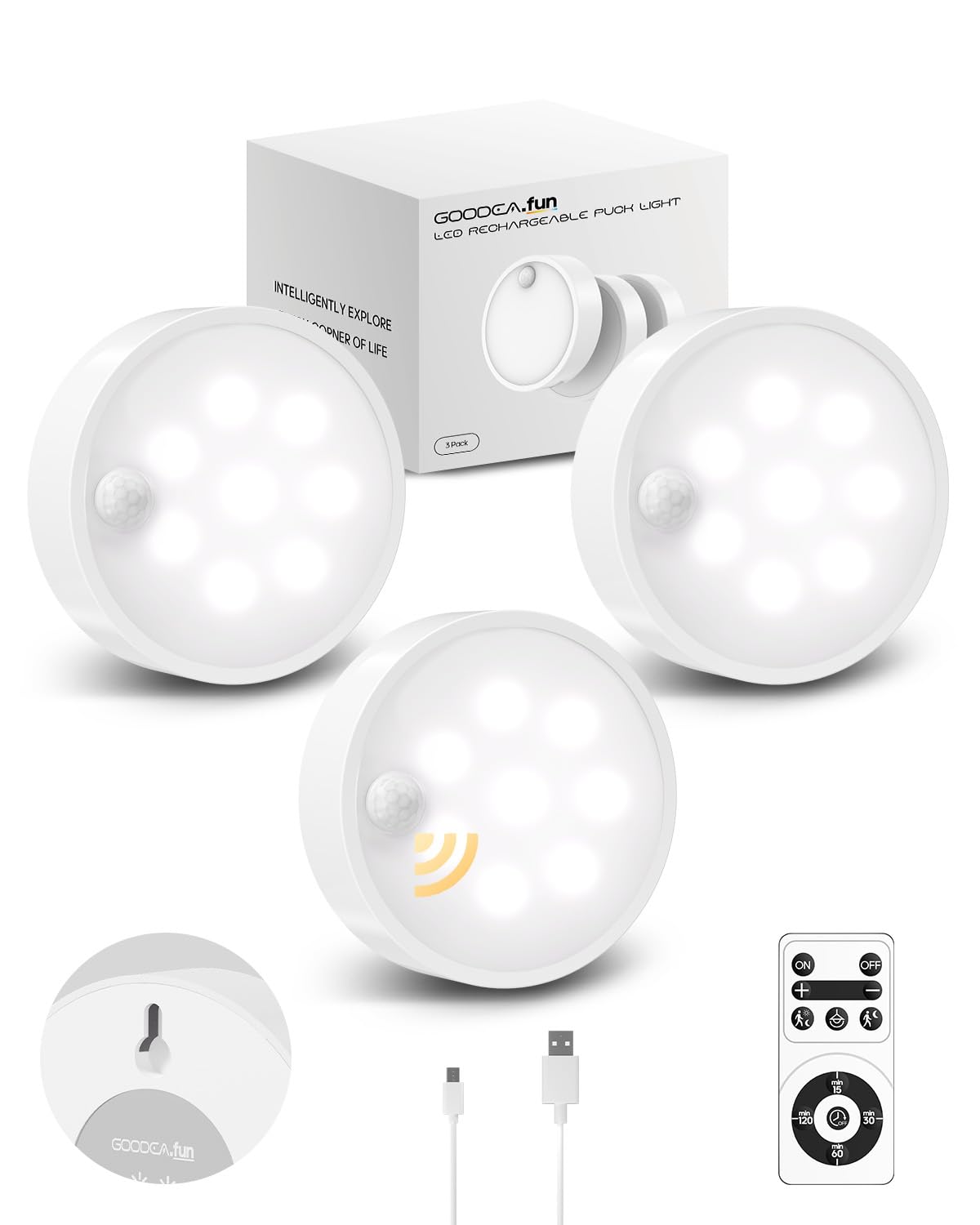 Motion Sensor Puck Lights with Remote,1200mAh Rechargeable LED Under Cabinet Lighting Dimmable Under Cabinet Light Wireless with Magnet Stick on Light for Kitchen,Wardrobe,Closet(White)3 Pack