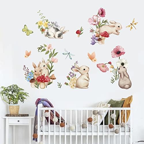 wondever Six Rabbits Wall Stickers Animal Bunny Flowers Peel and Stick Wall Art Decals for Baby Nursery Kids Bedroom Living Room