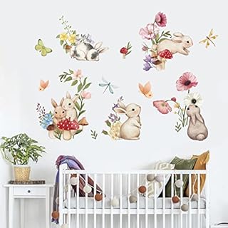 wondever Six Rabbits Wall Stickers Animal Bunny Flowers Peel and Stick Wall Art Decals for Baby Nursery Kids Bedroom Living Room