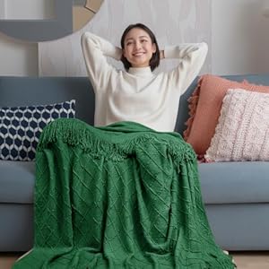 Blanket Knitted Faux Cashmere Blanket Classic Diamond Pattern Knitted Blanket with Tassels Sofa Bed Travel 5060 Dark Green