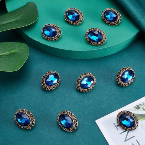 GORGECRAFT 10Pcs Whole Oval Cut Blue Zircon Rhinestone Vintage Copper Hollow Metal Shank Sewing Coat Buttons Cut Rhinestones for Uniforms Suits Blazer Coat Jacket 25mm*20mm - Image 4