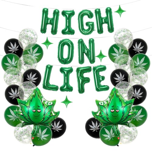 Ballons latex imprimés cannabis avec bannière High On Life pour anniversaire