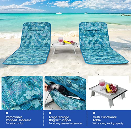 Image of Giantex Beach Chairs with Side Table - 2 Pack Folding Lounge Chairs for Adults, 5 Position Adjustable Lawn Chair for Outdoor Sunbathing, Patio Chaise Lounge Lightweight Backpack Camping Chairs (Teal)