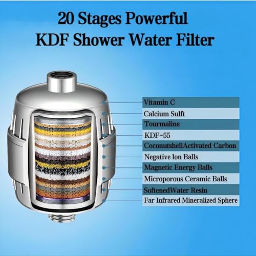Image of 20 Stage Shower Filter for Hard Water - 99% Removal High Output Shower Head Filter for Chlorine, Heavy Metals, Improve Skin, Hair and Nails, Chrome Finish, Silver