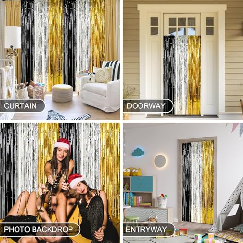 Image of Black Gold Silver Metallic Tinsel Foil Fringe Curtains, 2 Pack 3.3x6.6 ft Black and Gold Party Decorations, Tinsel Party Streamers Backdrop for Birthday Baby Shower Graduation New Year Decor