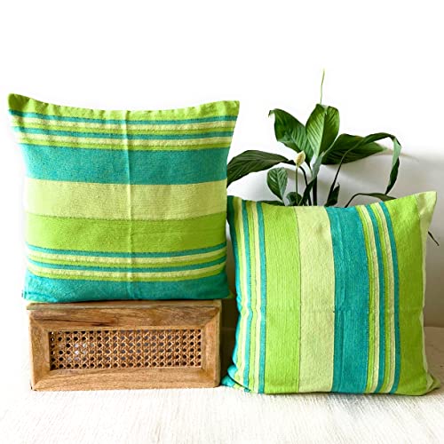 Image of RANGBHAR Handloom Cotton Cushion Covers with Concealed Top Zip, 16 x 16 inch, Green, Pack of 2