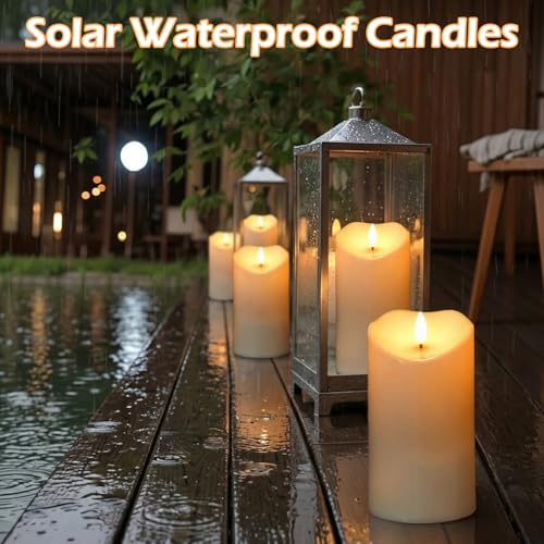 Image of Solar Candles Outdoor Waterproof, Flameless Flickering Pillar Candles 3 Pack 4 inch 5 inch 6 inch, IP65 Solar Powered Dusk to Dawn Sensor with 30+ Hours Long Lasting fo Patio Garden Yard Deck Decor