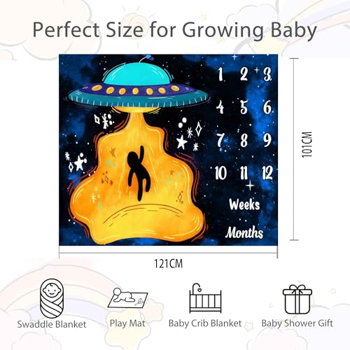 Image of UFO Baby Monthly Milestone Blanket, Spaceship Print, Blue, 48x40in | Soft Flannel, Alien Pattern, Starry Night Whimsical Design, Newborn Mom Gifts, Baby Shower Age Growth Tracker