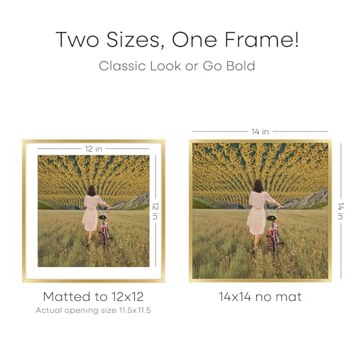 Image of Homeforia 14x14 Picture Frame Gold, High End Metal 14 x 14 Square Poster Frame with Mat 12 x 12 Photo, 14x14 Frame Matted to 12x12 Print, 14by14 Gold Hanging Frames, Tempered Glass, Wall Kit, Set of 4