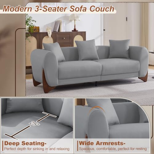 Image of 87 inch Faux Leather Cloud Couch Modern 3 Seater Sofa with Solid Wood Legs, 25 inch Extra Deep Seat, Comfy Thick Cushion Upholstered Sofa Couches with 3 Pillows for Living Room, Light Grey