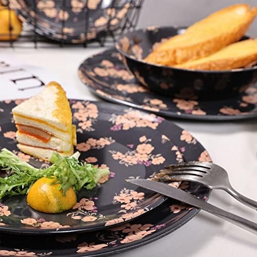 Melamine Dinnerware Sets - 12pcs Dishes Dinnerware Set for Indoor and Outdoor Use, Dishwasher Safe, Service for 4, Black Flower