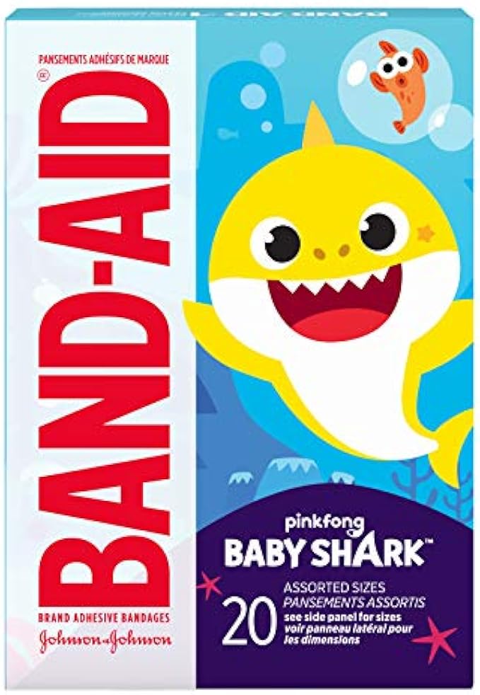 Band-Aid Brand Adhesive Bandages for Minor Cuts & Scrapes, Wound Care Featuring Pinkfong Baby Shark Characters for Kids and Toddlers, Assorted Sizes 20 ct