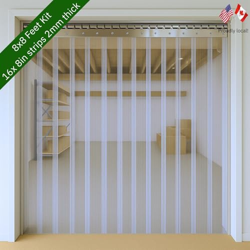 Image of Byson PVC Strip Curtain Door Kit 8 x 8 Feet (2.4 x 2.4 Meters) Coldroom Warehouse Catering Vinyl Ribbed Plastic Curtain Kit with 16 Strips (2mm Thick and 200mm Wide)