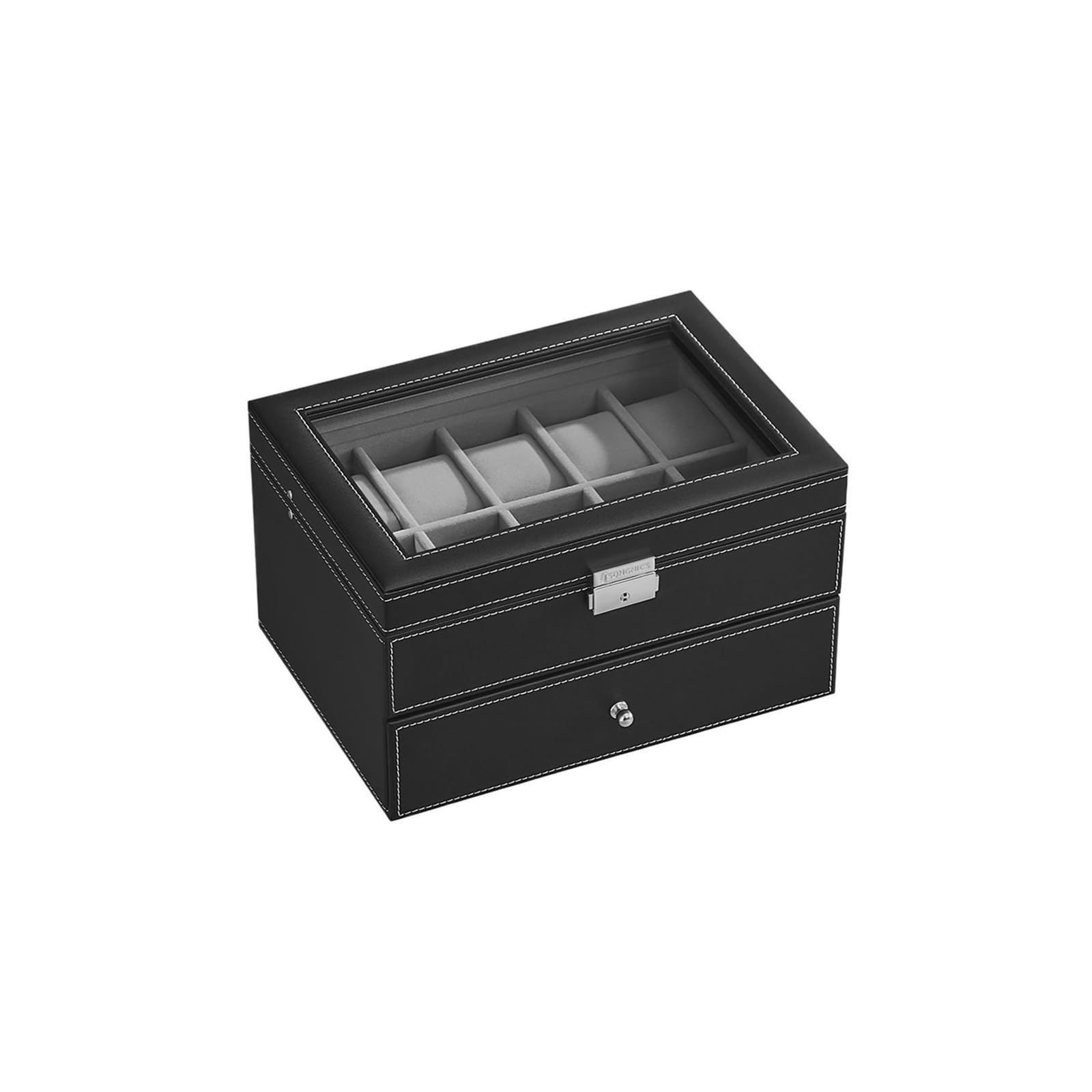 FVDZRFIE Watch Box Watch Box Black Synthetic Leather 20-Slot Watch Case with Glass 2 Layers Lockable Watch Display Case