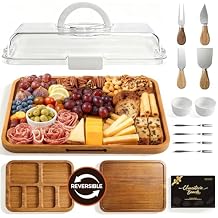 Renmxj Charcuterie Boards with Lid Gift Set, 2 in 1 Travel Portable Cheese Board with Knives Set, Carbonized Bamboo Charcuterie Tray, Housewarming Gifts New Home, Picnic, Wedding Gifts, White Handle