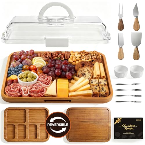 Renmxj Charcuterie Board with Lid, Carbonized Bamboo, Knives Set and Bowls
