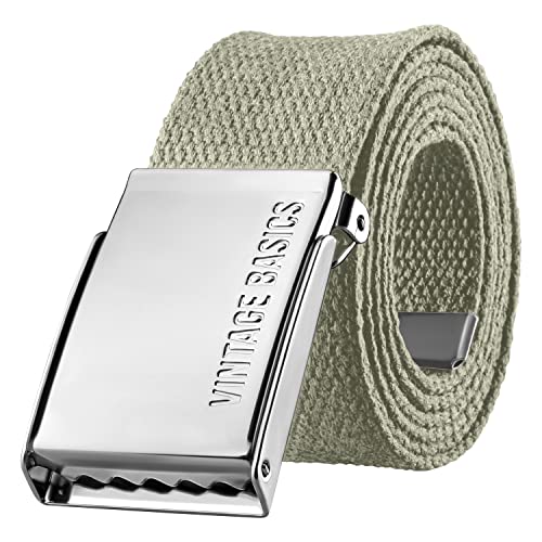 VINTAGE BASICS Unisex Stoffgürtel 130cm lang - 3,8cm breit - Herren und Damen Gürtel - Stufenlos verstellbarer Canvas Belt - Metallschnalle Grün/Seegras
