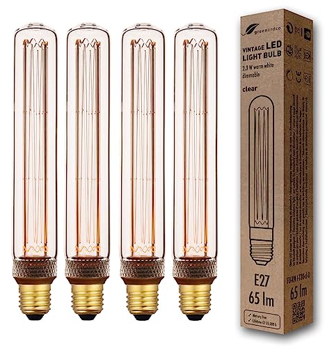 greenandco 4x Bombilla LED Regulable Decorativa Edison Estilo Vintage | E27 T30 | Claro | 2,3W 65lm | 1800K Blanco Extra Cálido | 320° | 230V | Sin Parpadeos
