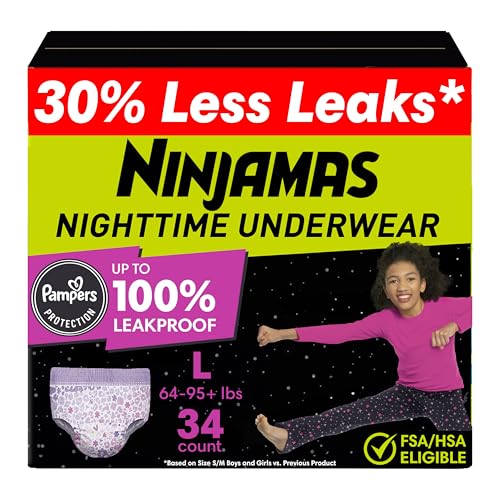 Ninjamas Girls Bedwetting Nighttime Underwear Size L (64-95+ lbs) 34 Count Overnight Protection Ultra Absorbent Hypoallergenic