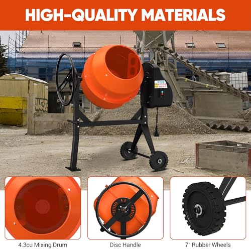 4.3 Cu.Ft Cement Mixer, 450W 3/5HP Electric Cement Mixer Machine, Heavy Duty Potable Concrete Mixer Machine with Wheel and Stand for Stucco, Mortar, Seeds, Orange - Thumbnail 3
