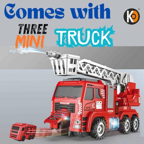 Image of K D Remote Control Ejector Fire Truck, Rechargeable Fire Brigade Automatic Rescue fire Truck, with Water Spray, Extending Ladder, Flashing Lights, Siren and 3 Mini Fire Vehicles Cars (Age 3+)