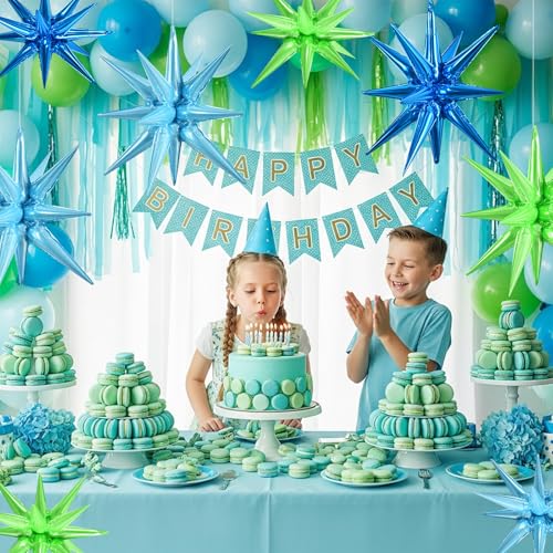 Image of TONIFUL 8 Pcs Blue and Green Explosion Star Foil Balloon Party Decoration | 22 Inch Large Mylar Star Balloons for Ocean & Sea Creature Baby Shower Dinosaur Themed Birthday Summer Pool Party Decorations