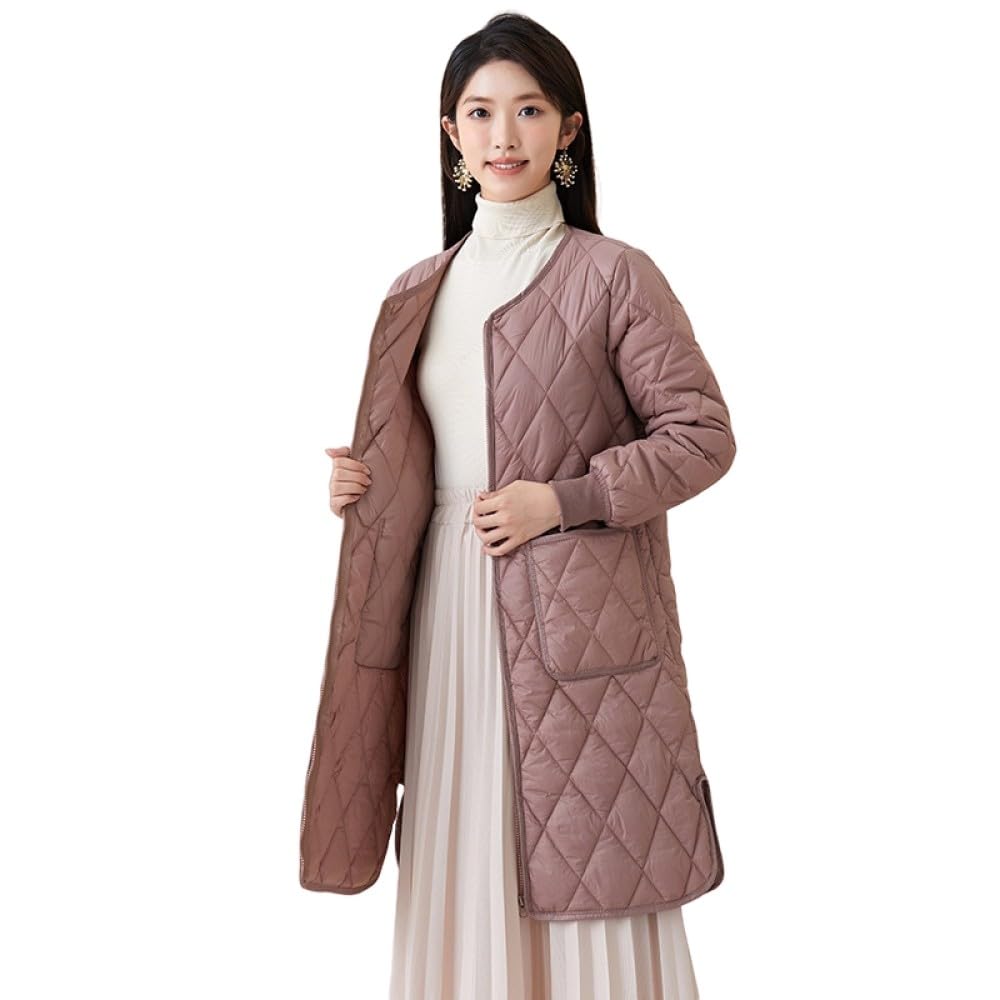 Giacche Trapuntate Da Donna Midi Invernale Caldo Trench,Marrone Viola Giacca Di Transizione Con Griglia A Rombi Girocollo Tinta Unita Maniche Lunghe Parka Con Zip Laterali Capispalla Con Tasche