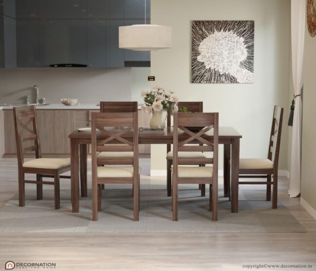 Image of DecorNation Sicily Solid Wooden 6 Seater Dining Table Set with Chairs | Modern Dining Table Furniture | Ergonomic Backrest Chairs for Home & Dining Room