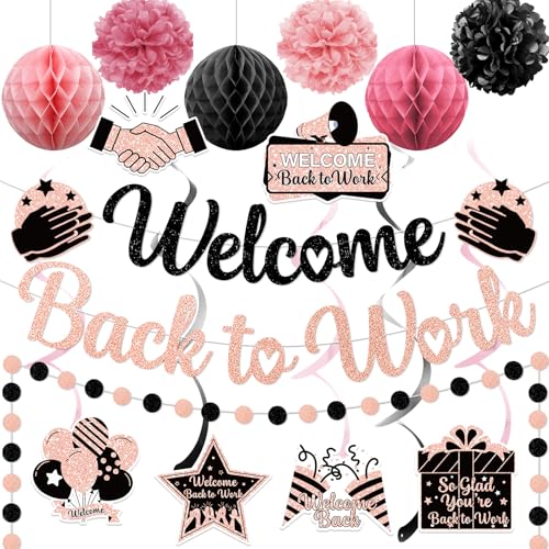Welcome Back Decorations for Office Welcome Back to Work Decorations with Banner Circle Dot Garland Hanging Swirls Pompoms for Office Party Decor Sign