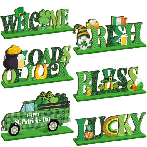 Hoolerry 6 Pcs St Patrick's Day Wooden Table Decorations Centerpieces Blocks Shamrock Clover Irish Patty's Tiered Tray & Table Top Sign Decor for Mantle Home Wood Saint Patrick Party Supplies