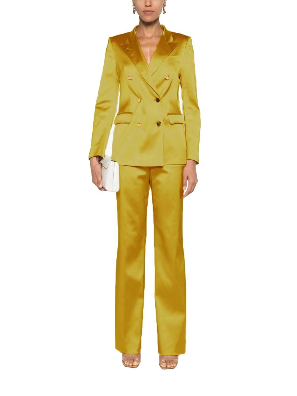 Women Satin Suits 2 Piece Double Breasted Peak Lapel Blazer Outfits Dinner Party Wedding Blazer Pantsuit Set